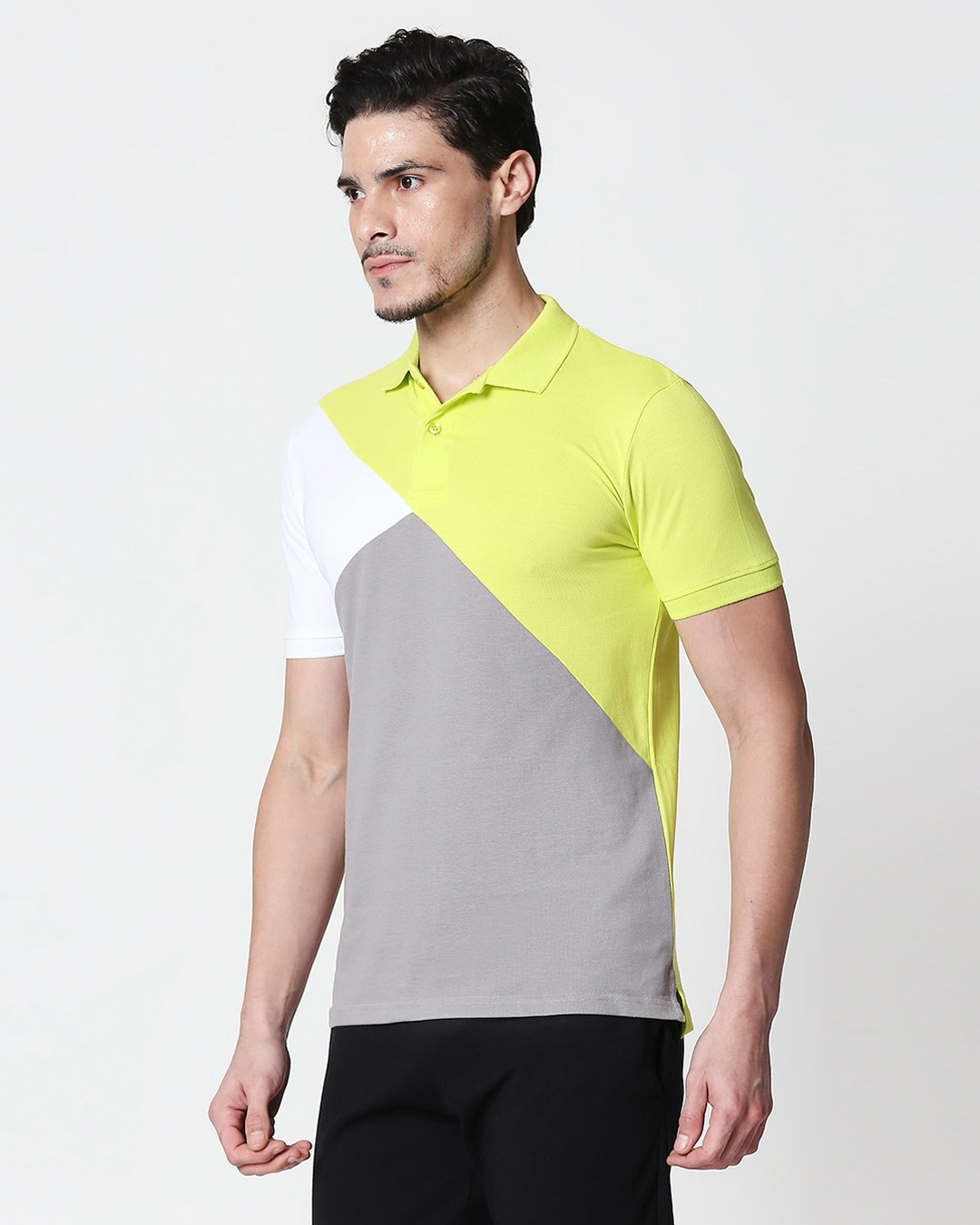 Shop White-Neon Lime-Meteor Grey Asymmetric Polo T-Shirt-Back