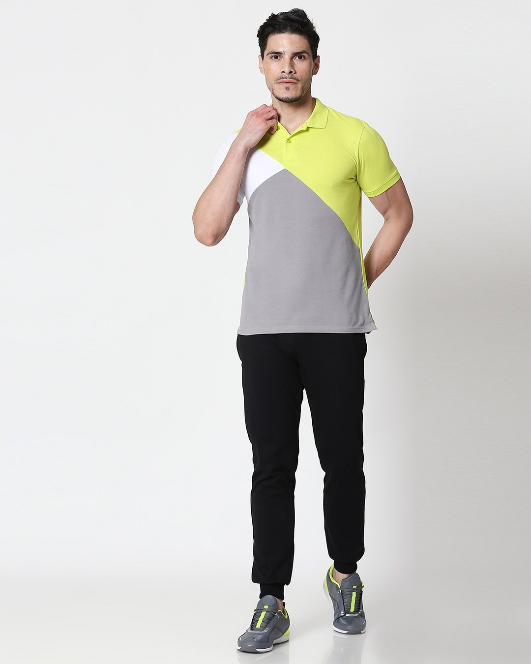 Shop White-Neon Lime-Meteor Grey Asymmetric Polo T-Shirt-Full