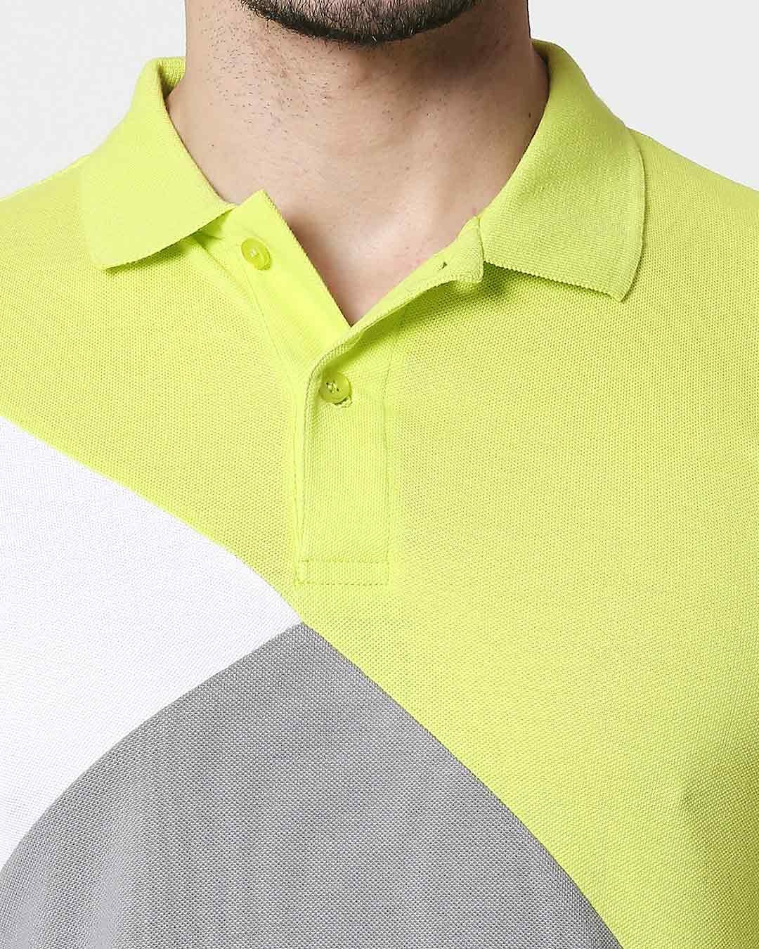 Shop White-Neon Lime-Meteor Grey Asymmetric Polo T-Shirt