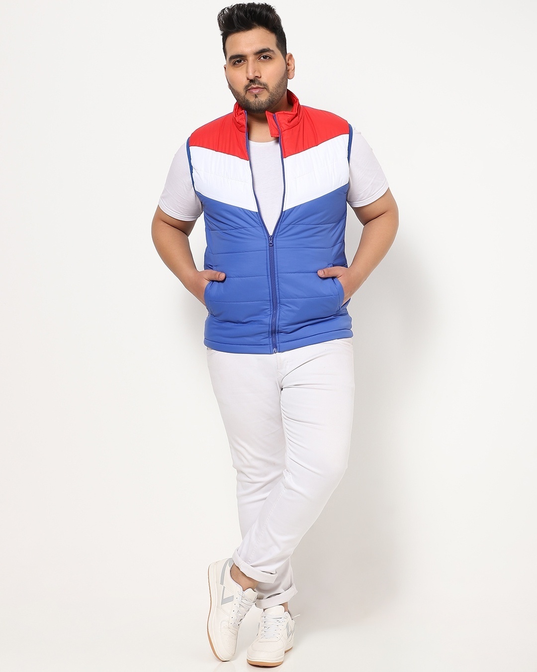 Shop White Plus Size Sleeveless Color Block Puffer Jacket-Full