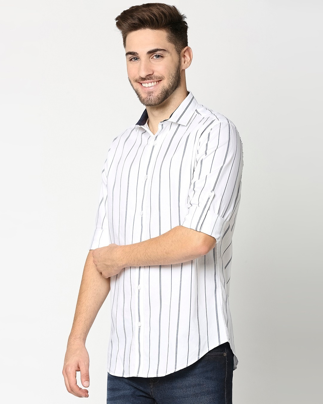 Shop White Stripe Slim Fit Casual Shirt-Design