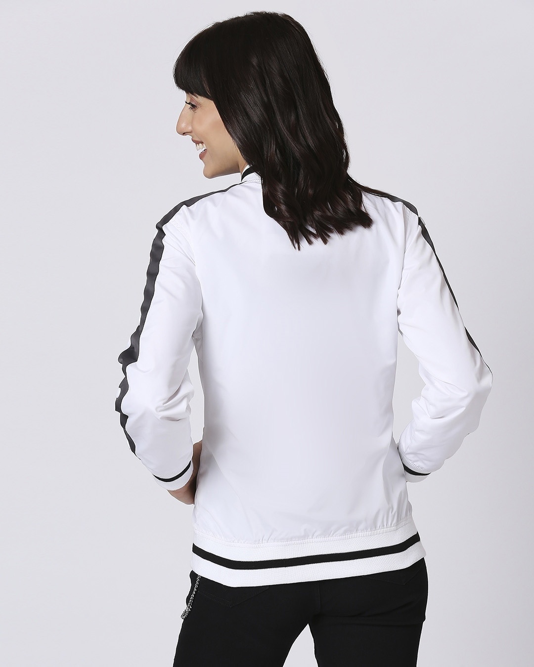 Shop Women's White Stylised Shoulder Stripe Relaxed Fit Bomber Jacket-Full
