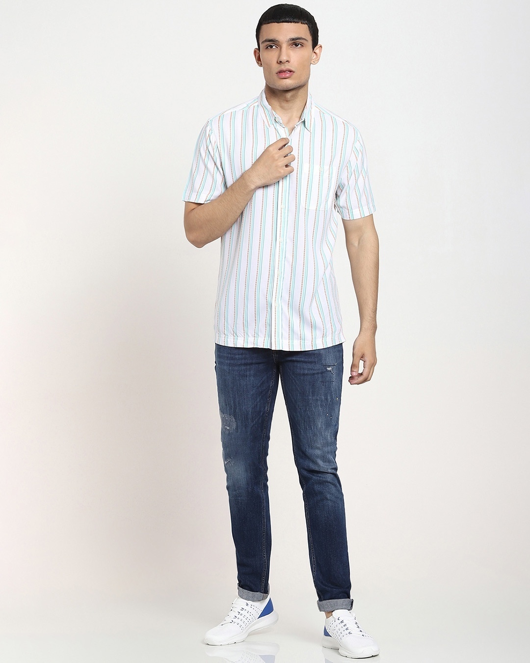Shop White Tribal Stripe Half Sleeve Shirt-Full