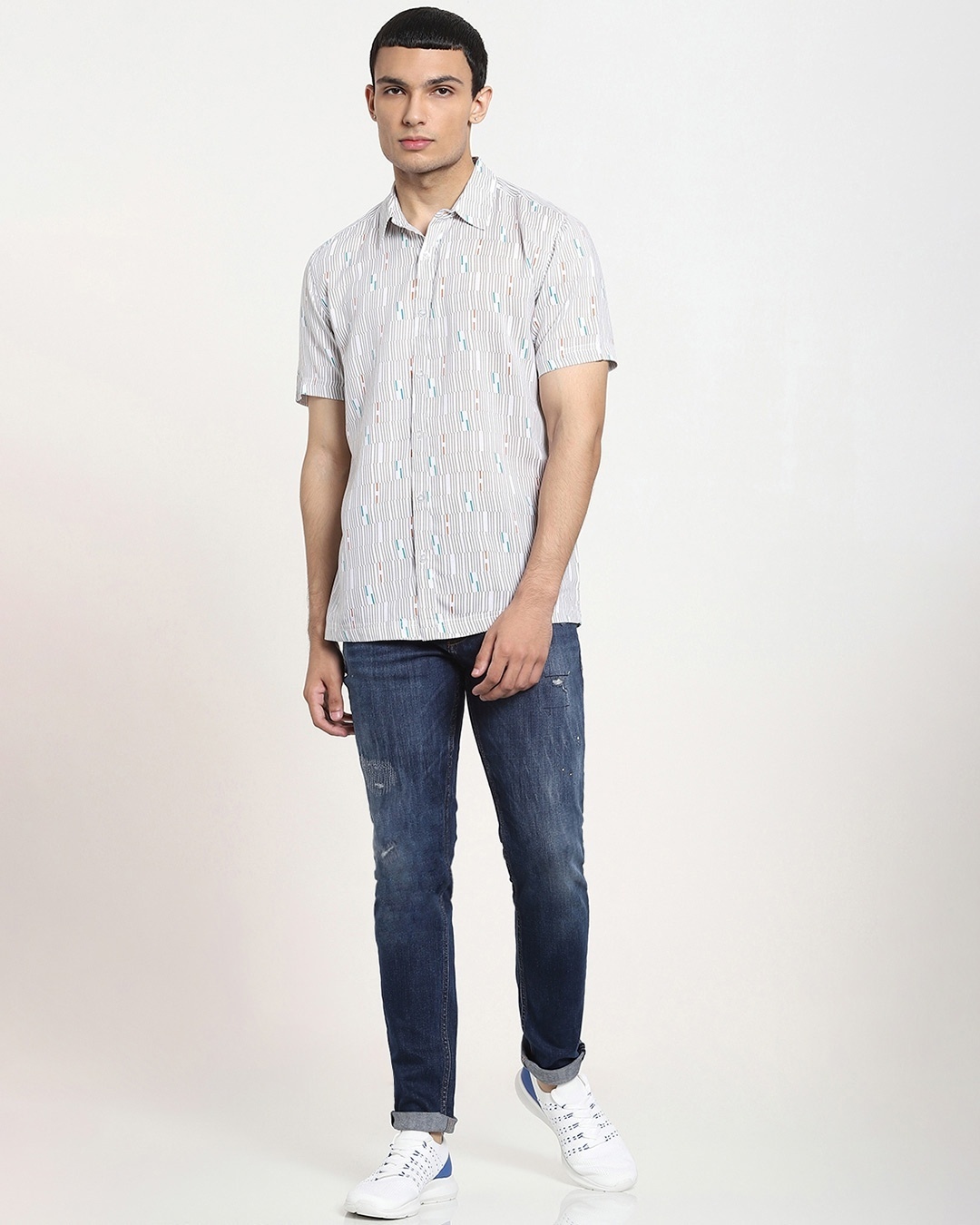 Buy White uneven Line AOP Half Sleeve Shirt for Men white Online at ...