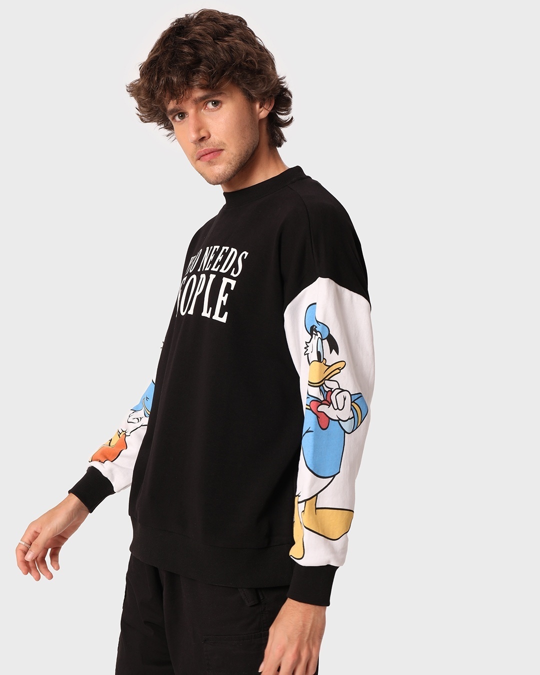 Shop Men's Black Who Needs People Graphic Printed Oversized Sweatshirt-Design