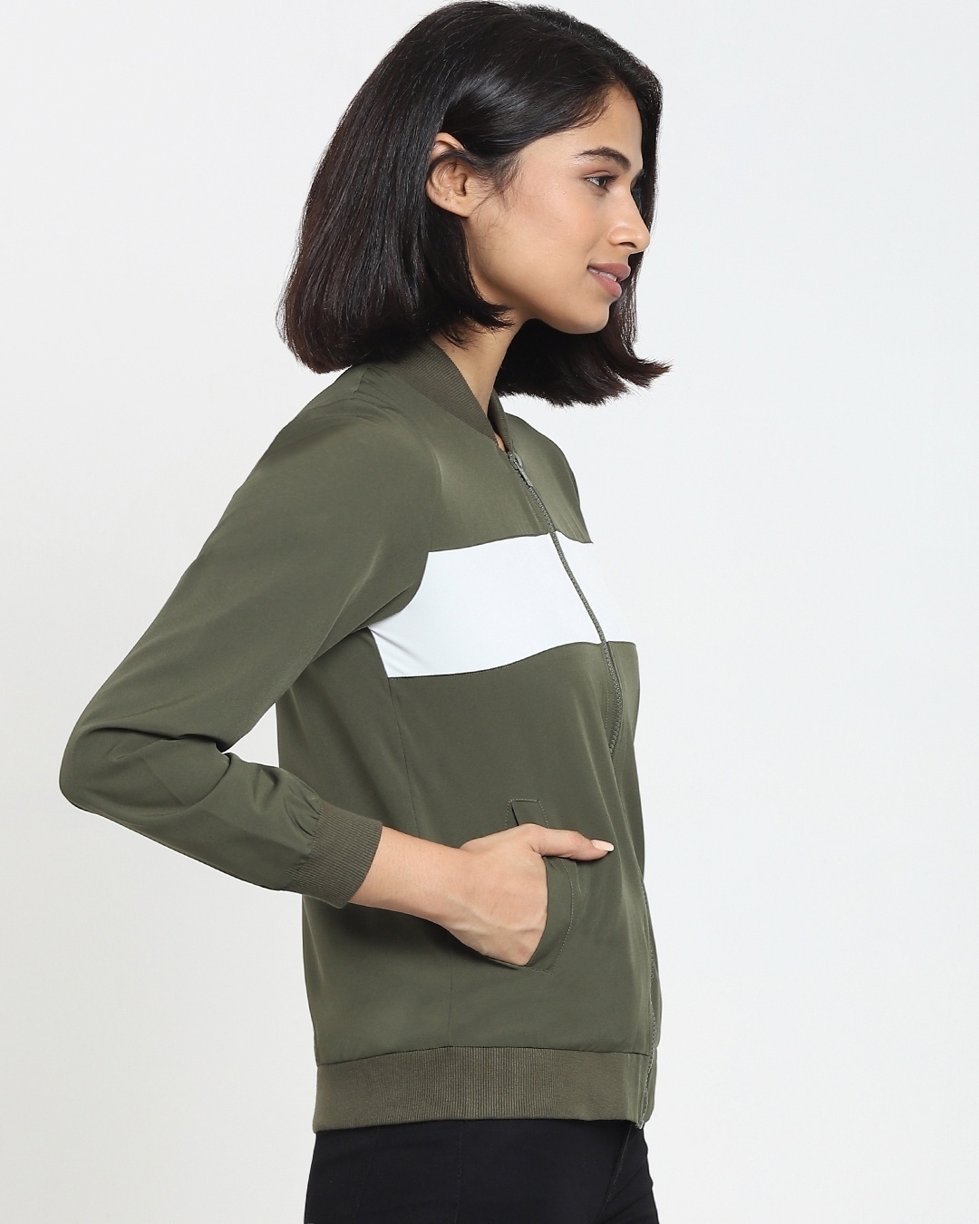 Shop Winter Moss Fashion Color Block Bomber Jacket-Design