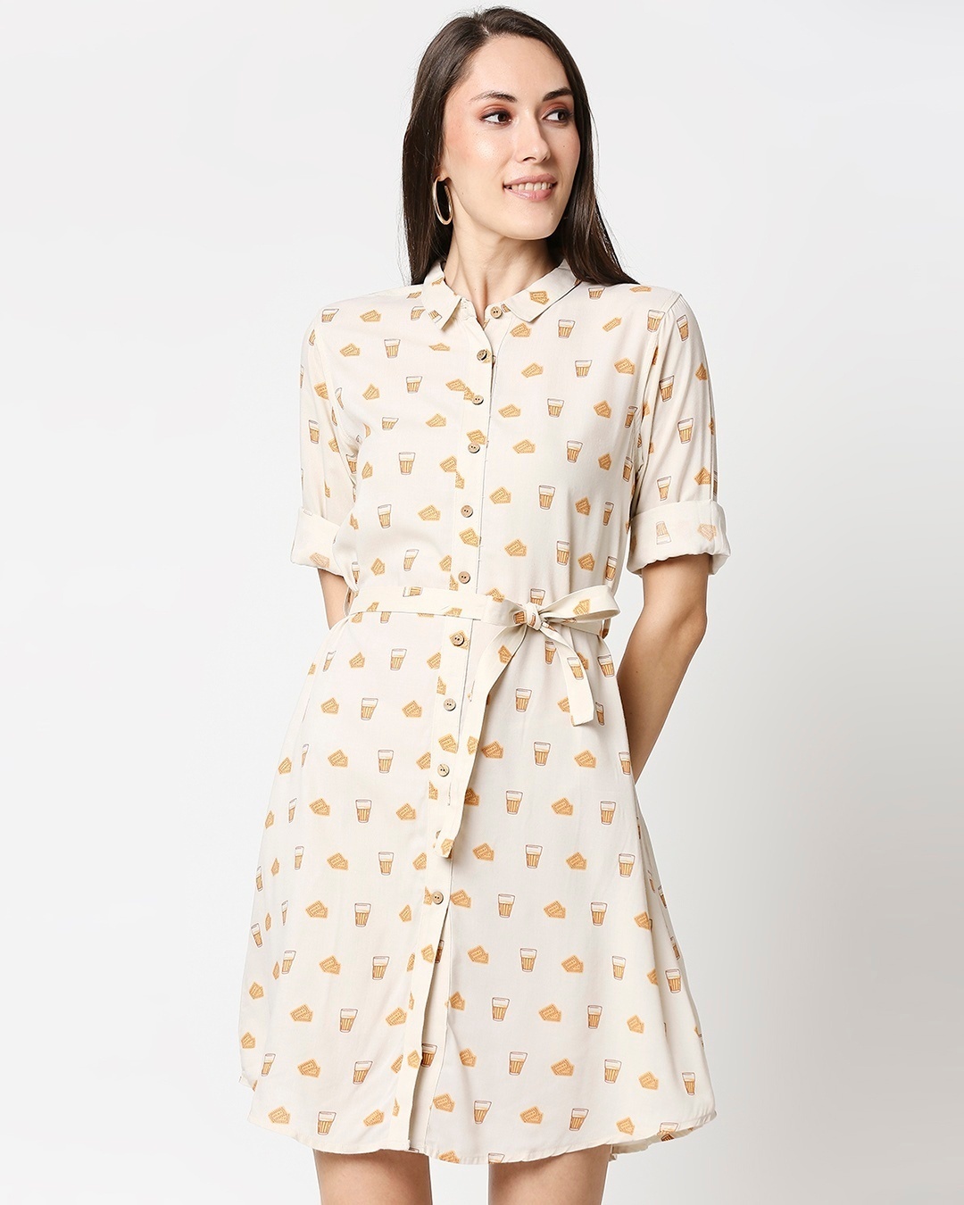 Shop Women All Over Printed Button Down Beige Dress-Back