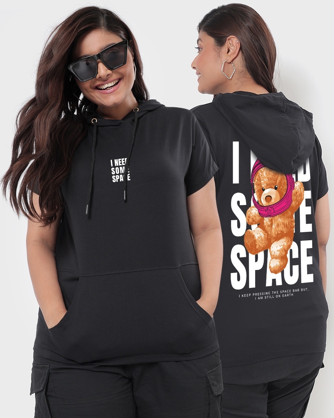 Shop Women's Black I Need Some Space Teddy Graphic Printed Plus Size Hoodie-Front