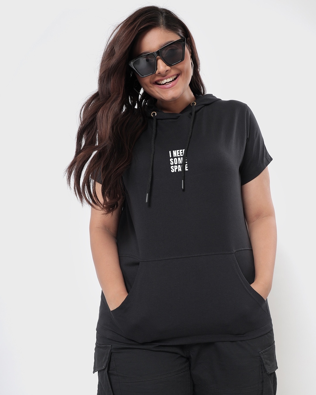 Shop Women's Black I Need Some Space Teddy Graphic Printed Plus Size Hoodie-Back