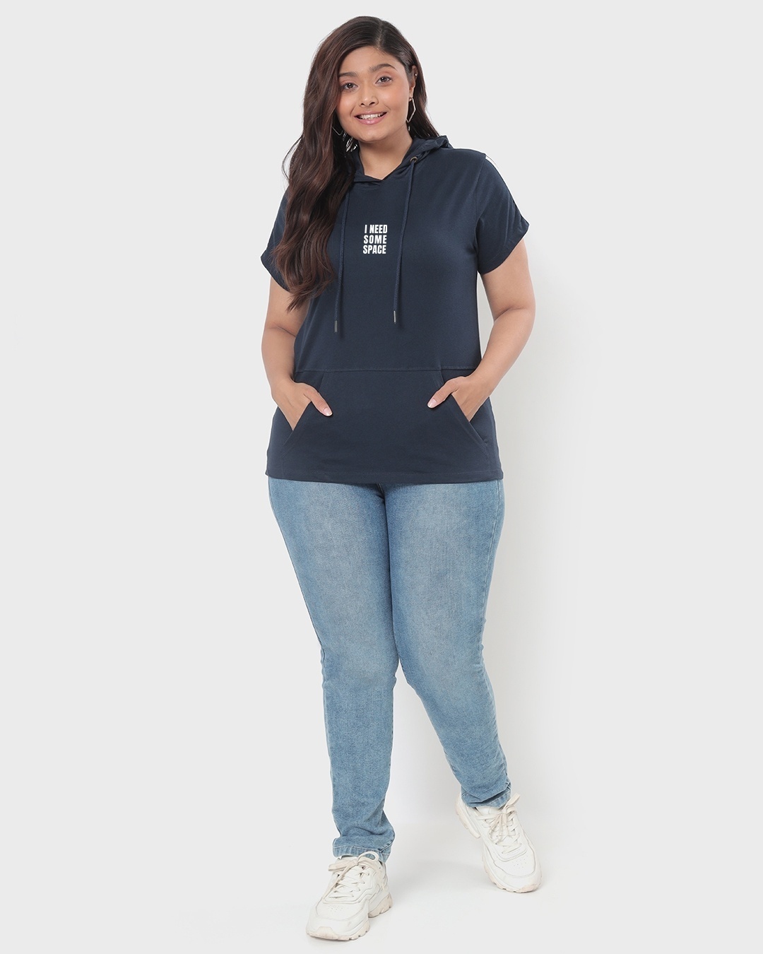 Shop Women's Blue I Need Some Space Teddy Graphic Printed Plus Size Hoodie-Full