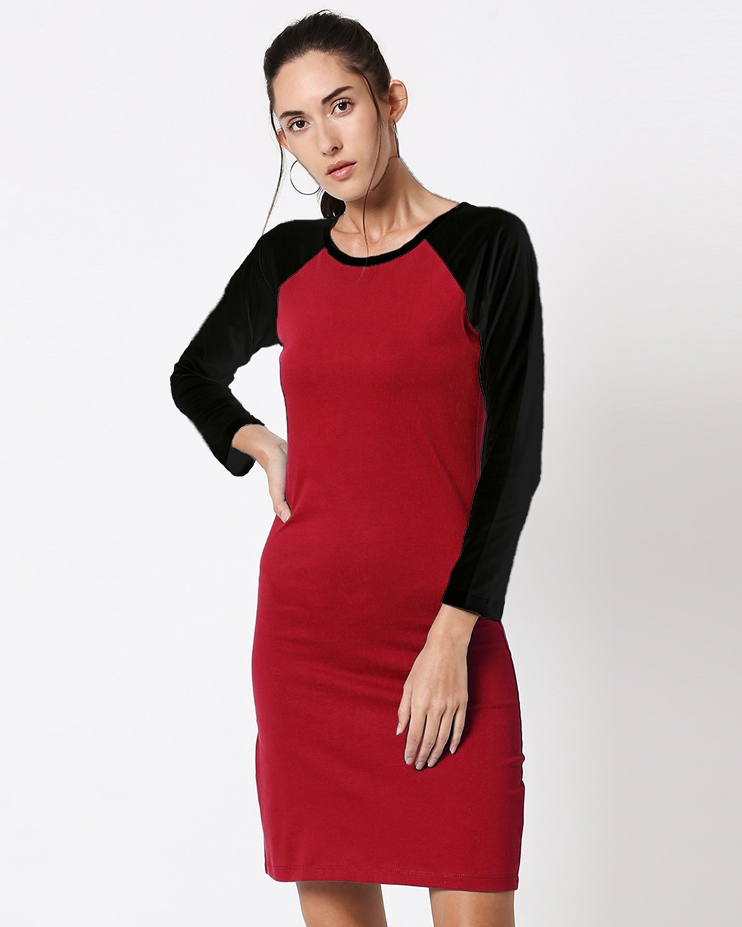 Shop Women Red & Black Slim Fit Raglan Dress-Front