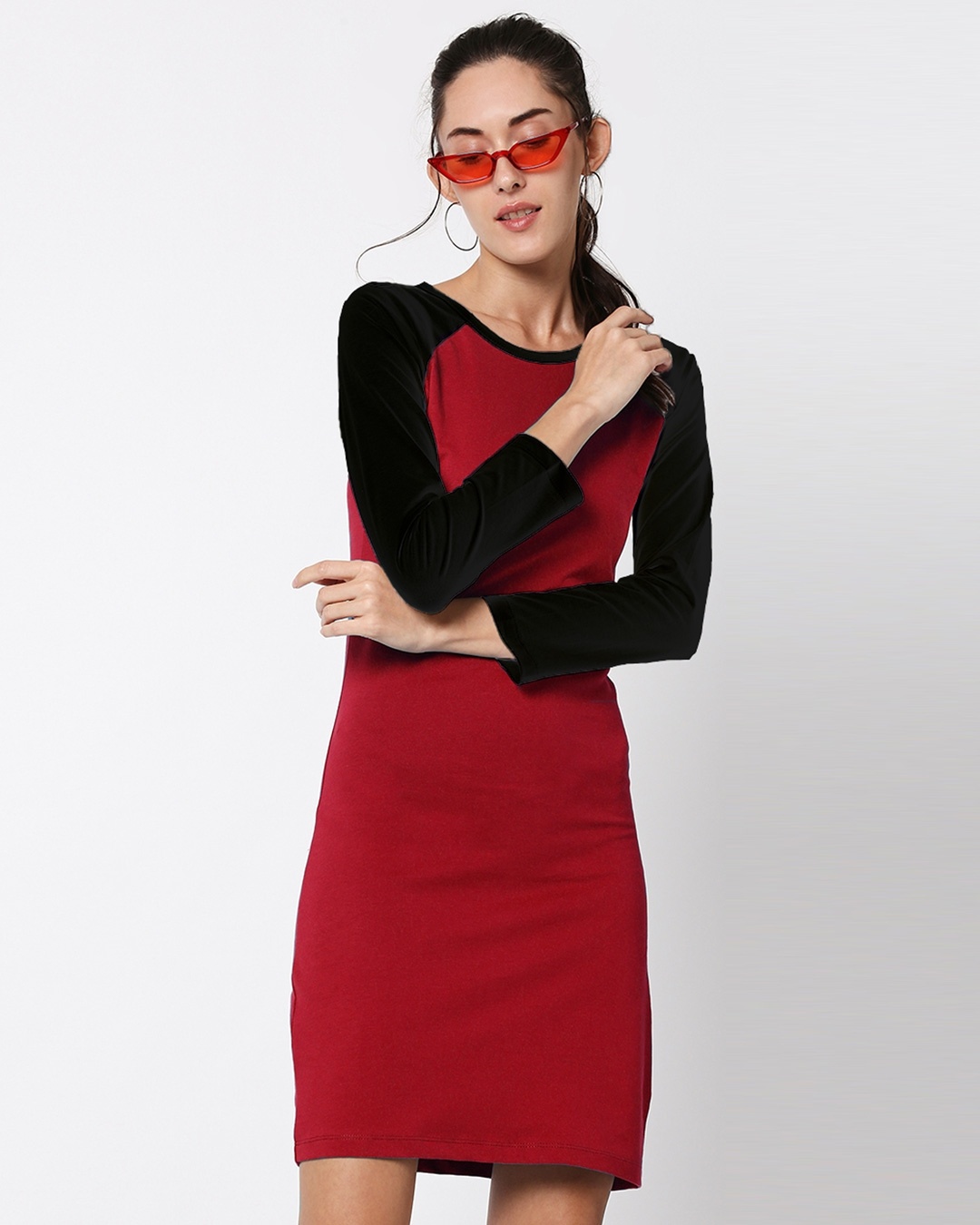 Shop Women Red & Black Slim Fit Raglan Dress-Back