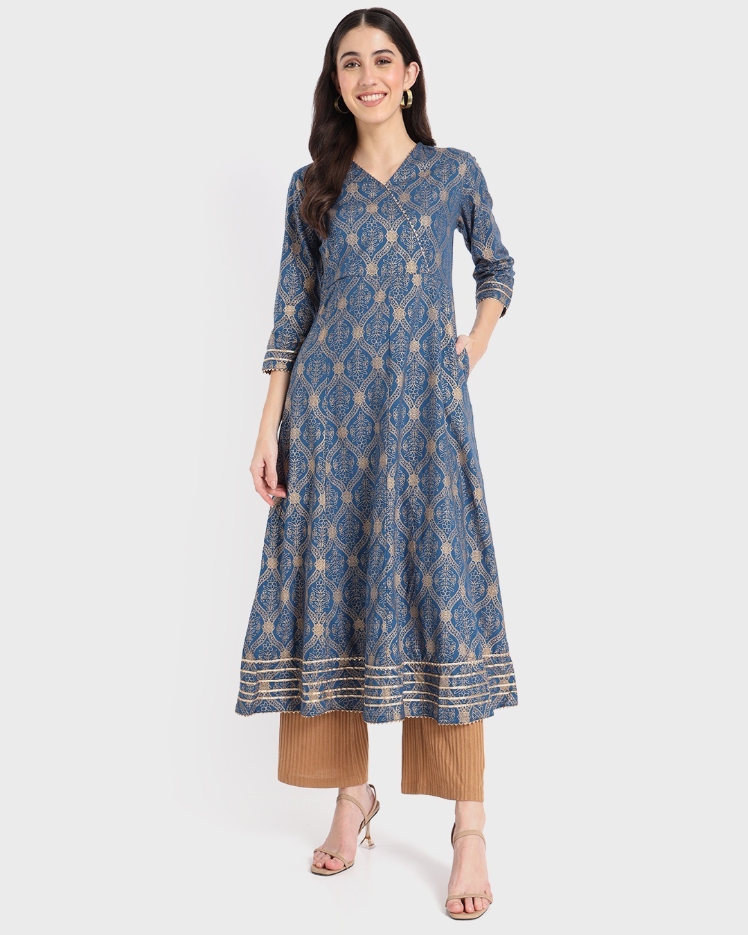 Shop Women's Blue Printed 3/4th Sleeve Ethnic Dress-Front
