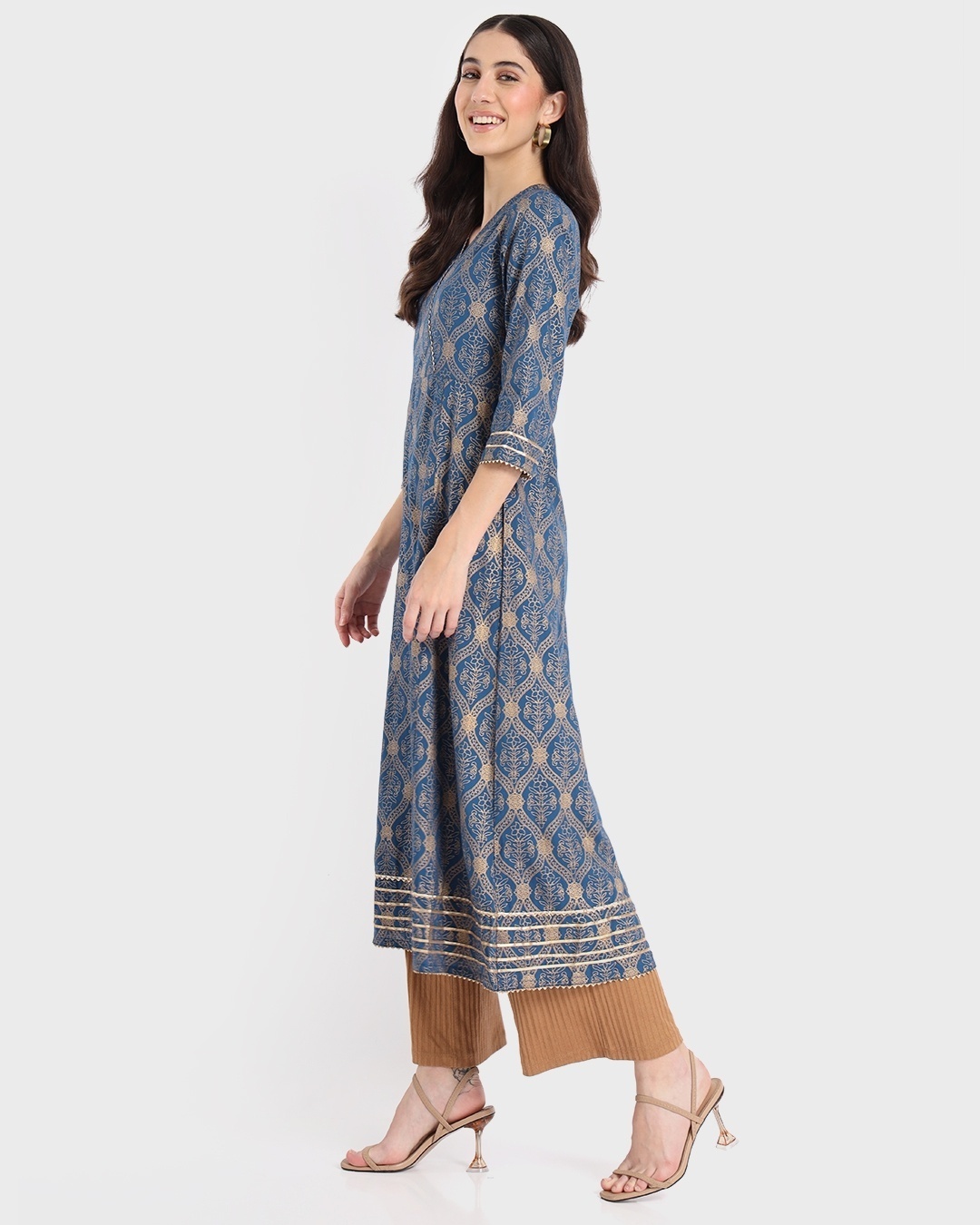 Shop Women's Blue Printed 3/4th Sleeve Ethnic Dress-Back