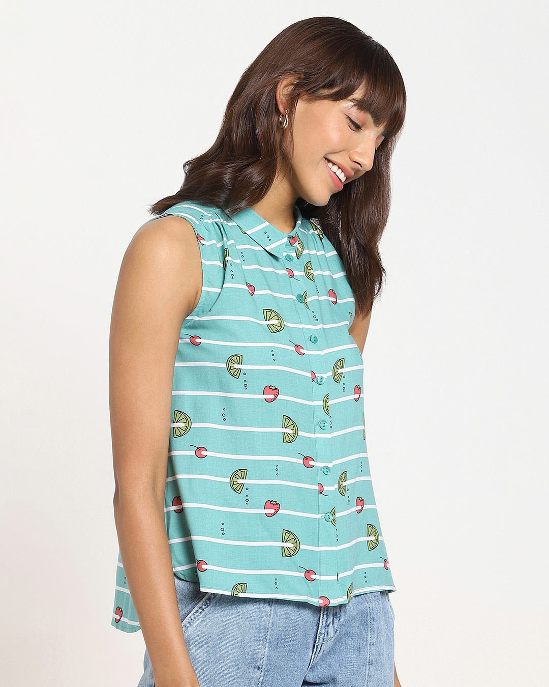 Shop Women's All Over Printed Sleeveless Casual Blue Shirt-Back
