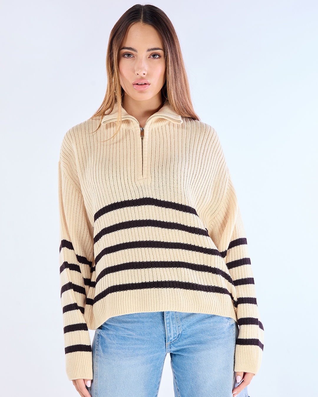 Women's Beige & Black Striped Oversized Sweater