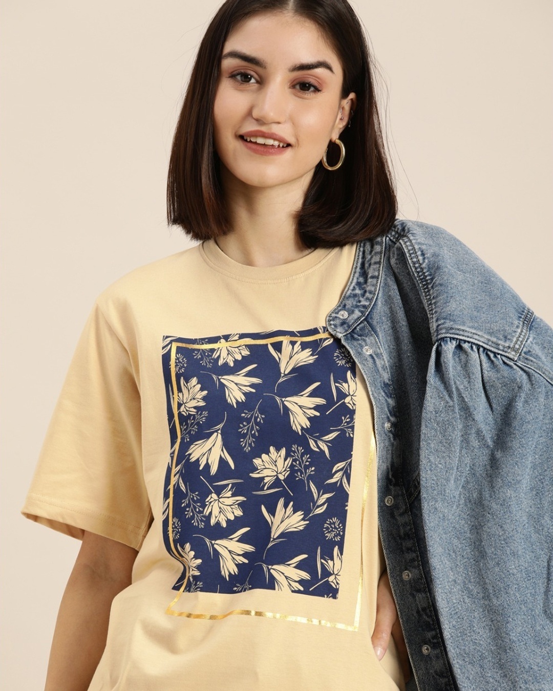 Shop Women's Beige Graphic Print Oversized T-shirt-Front
