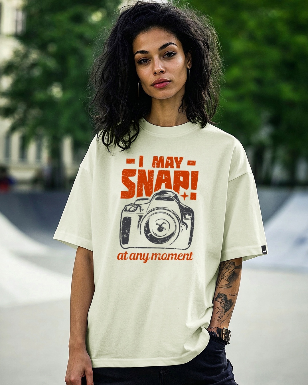 Women's Beige I May Snap Graphic Printed Oversized T-shirt