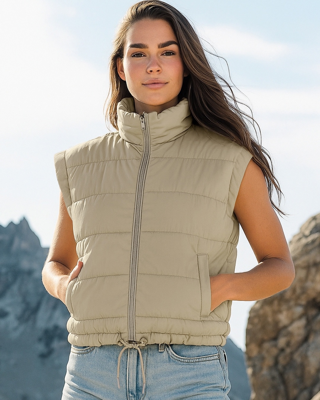 Women's Beige Sleeveless Oversized Puffer Jacket