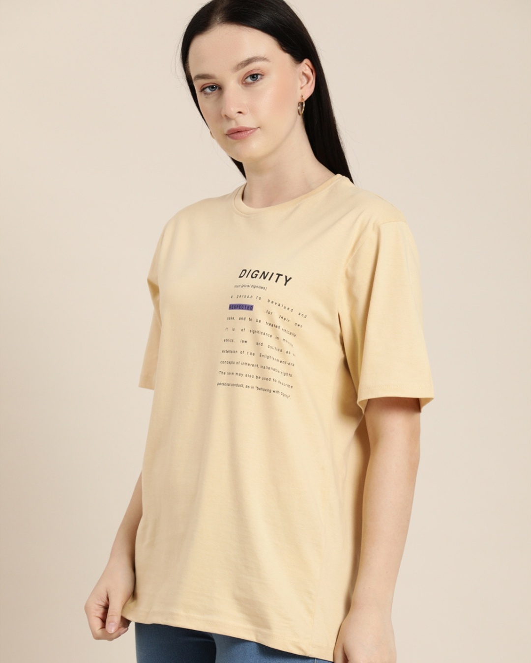 Shop Women's Beige Typography Oversized T-shirt-Front