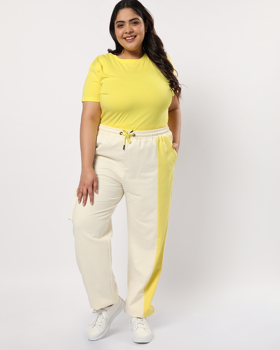 Shop Women's Birthday Yellow and White Plus Size Color Block Joggers-Full