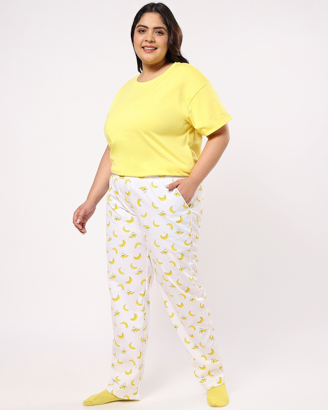 Shop Women's Birthday Yellow Bananas Print Plus Size AOP Pyjamas-Full