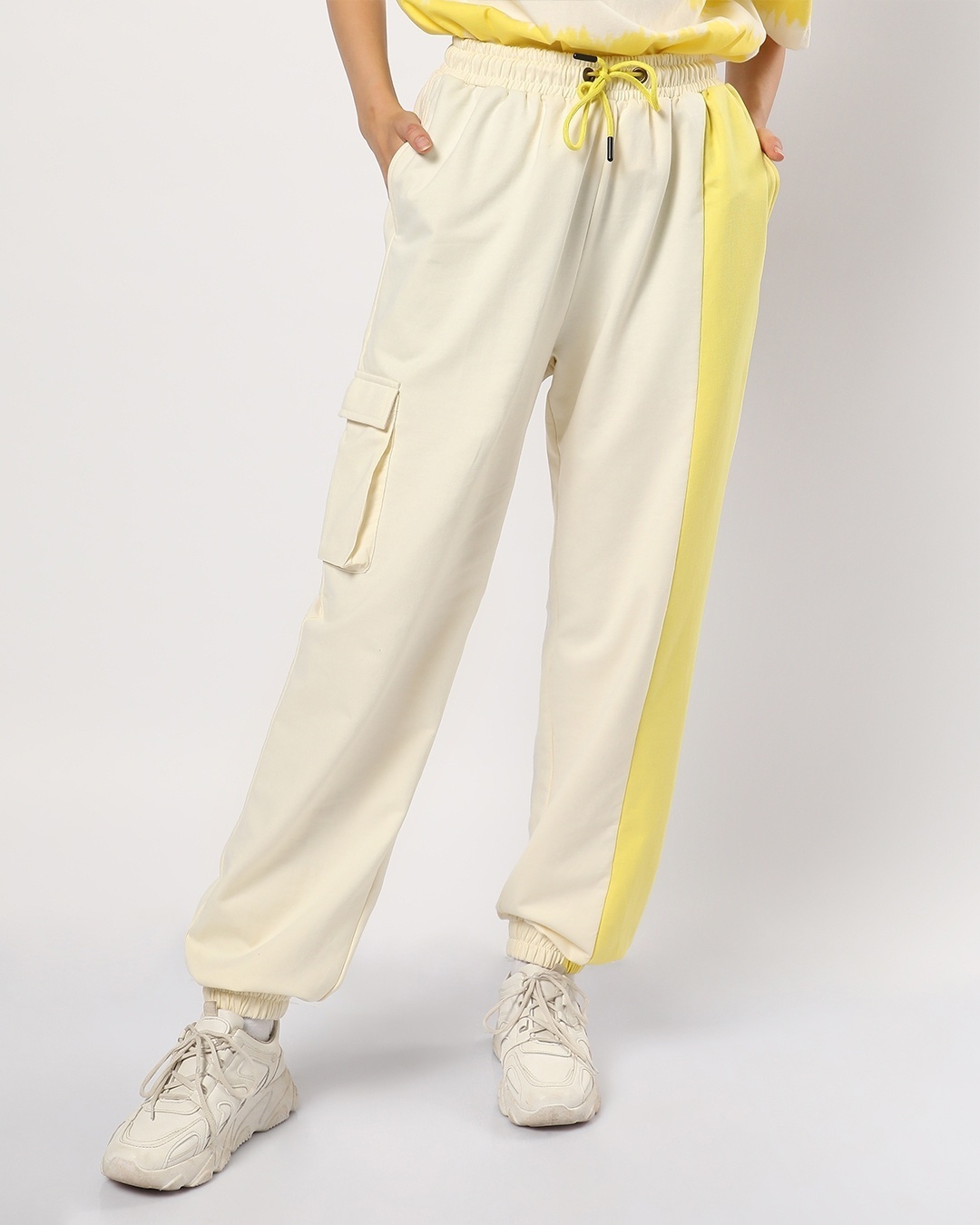 Shop Women's Birthday Yellow Color Block Relaxed Fit Joggers-Front