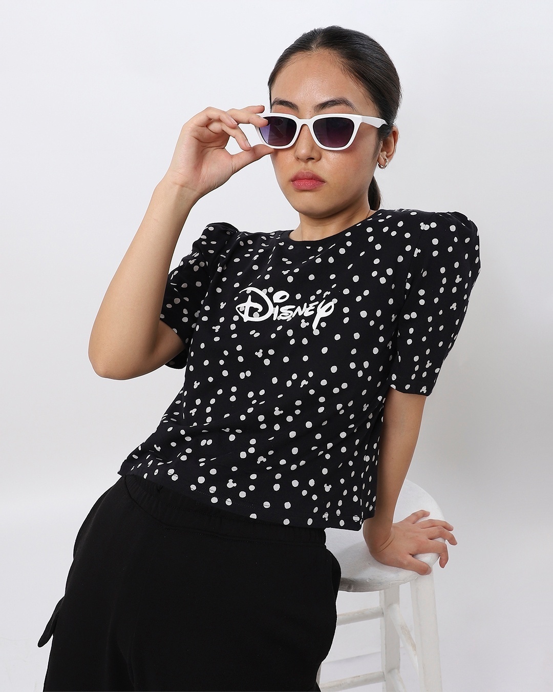 Shop Women's Black All Over Disney Printed Polka Puffed Sleeve T-shirt-Front