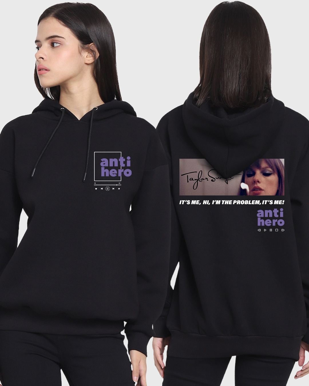 Women's Black Anti Hero Graphic Printed Oversized Hoodie