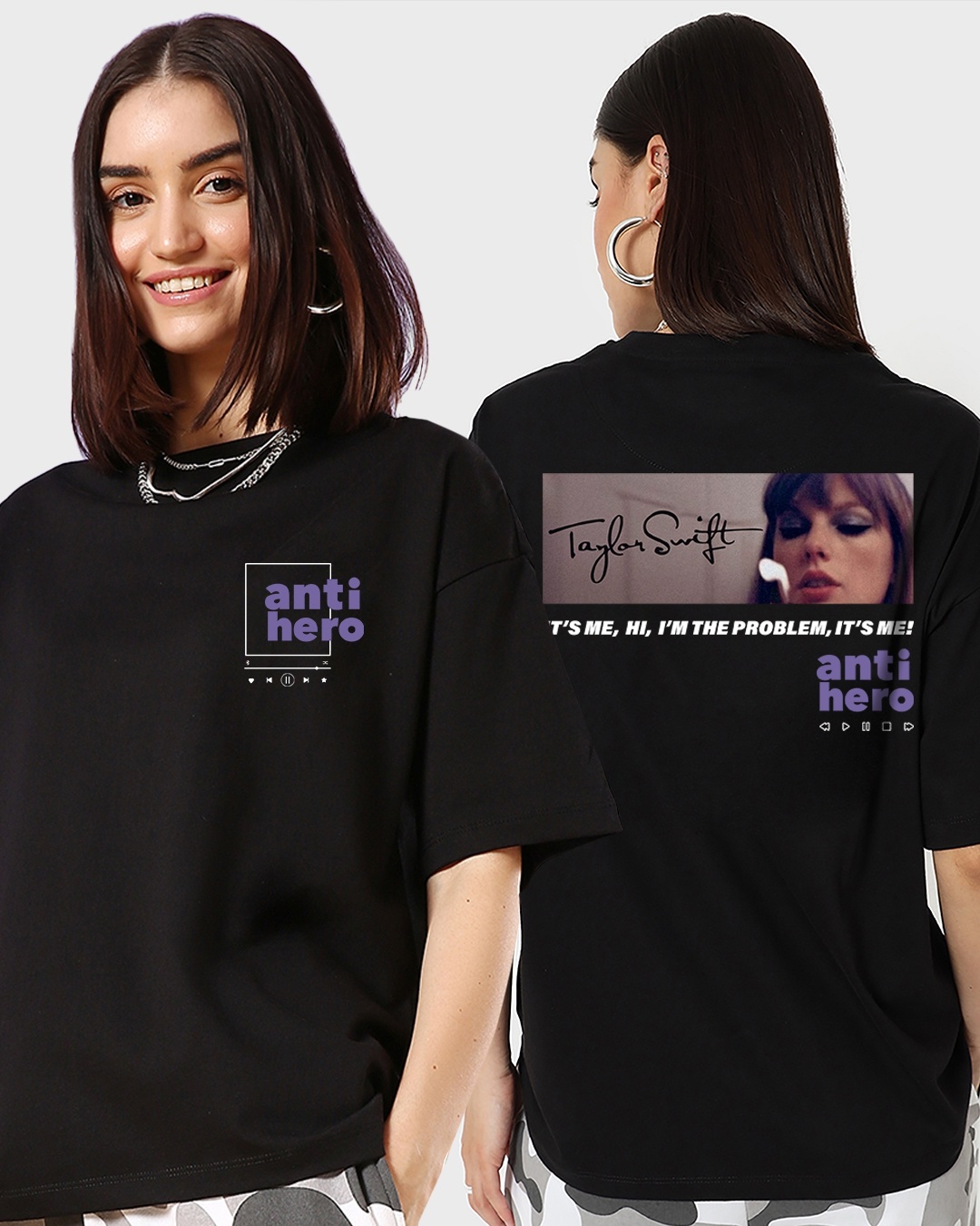 Women's M Size Black Anti Hero Graphic Printed Oversized T-shirt