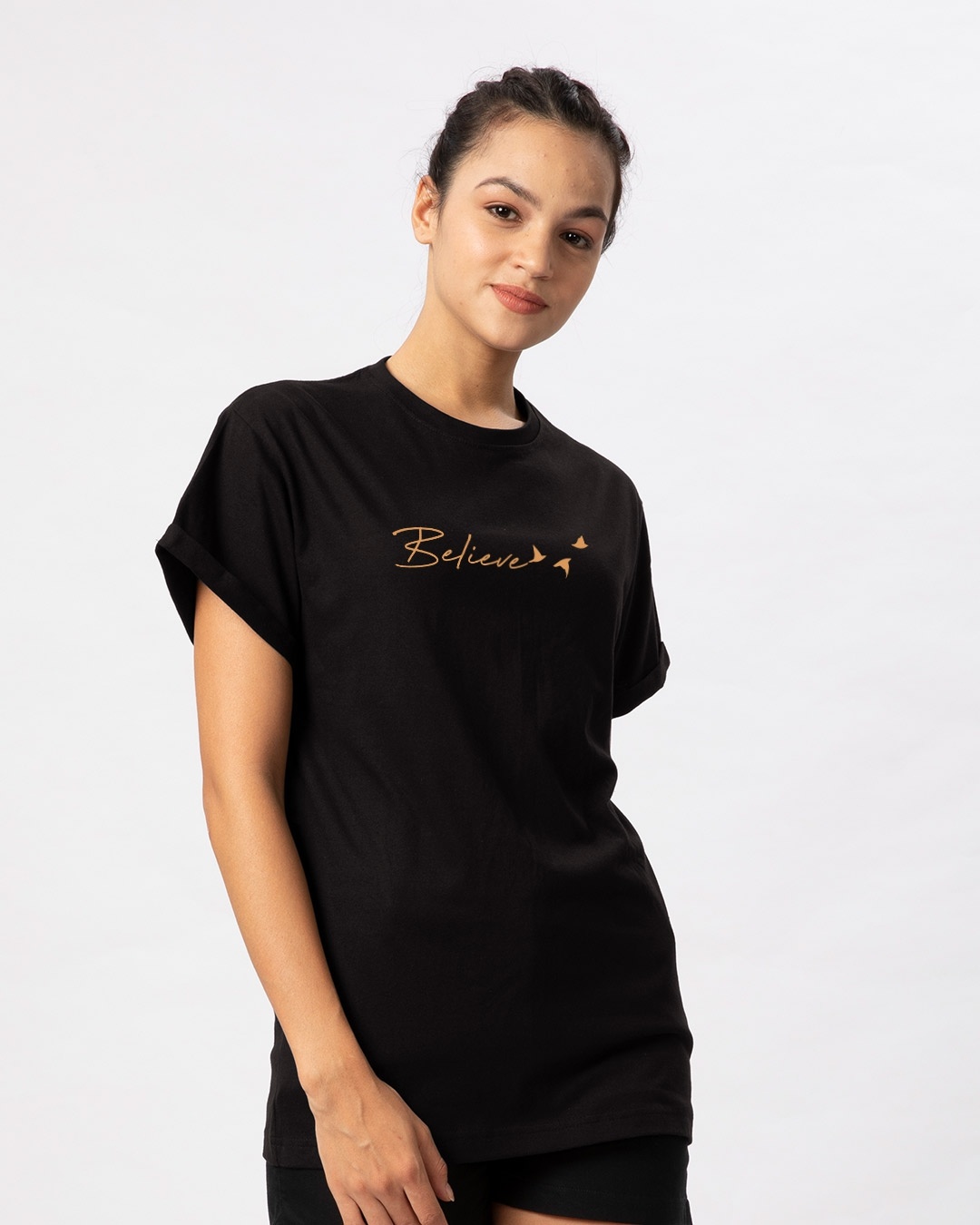 Shop Women's Black Believe Boyfriend T-shirt-Back