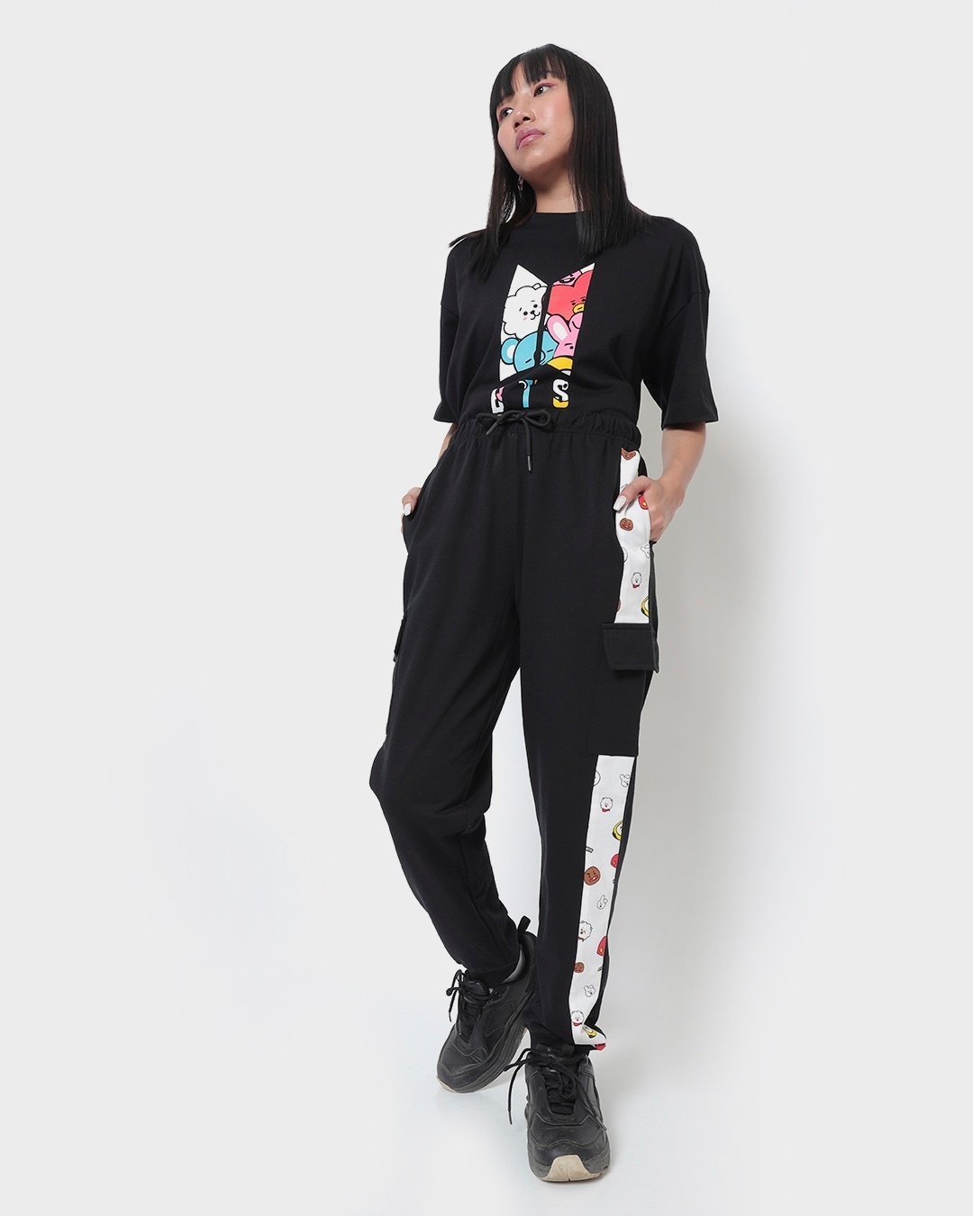 Shop Women's Black BTS Doodle Graphic Printed Relaxed Fit Joggers-Full