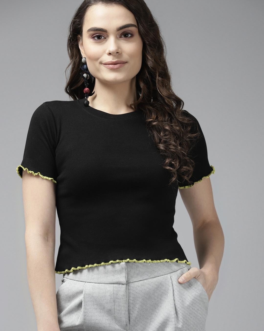 Shop Women's Black Casual Crop T-shirt-Front