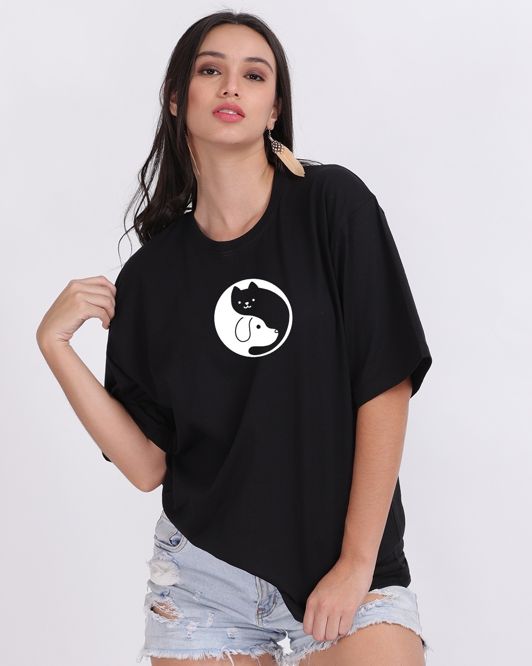 Shop Women's Black Cat Dog Graphic Printed Oversized T-shirt-Front