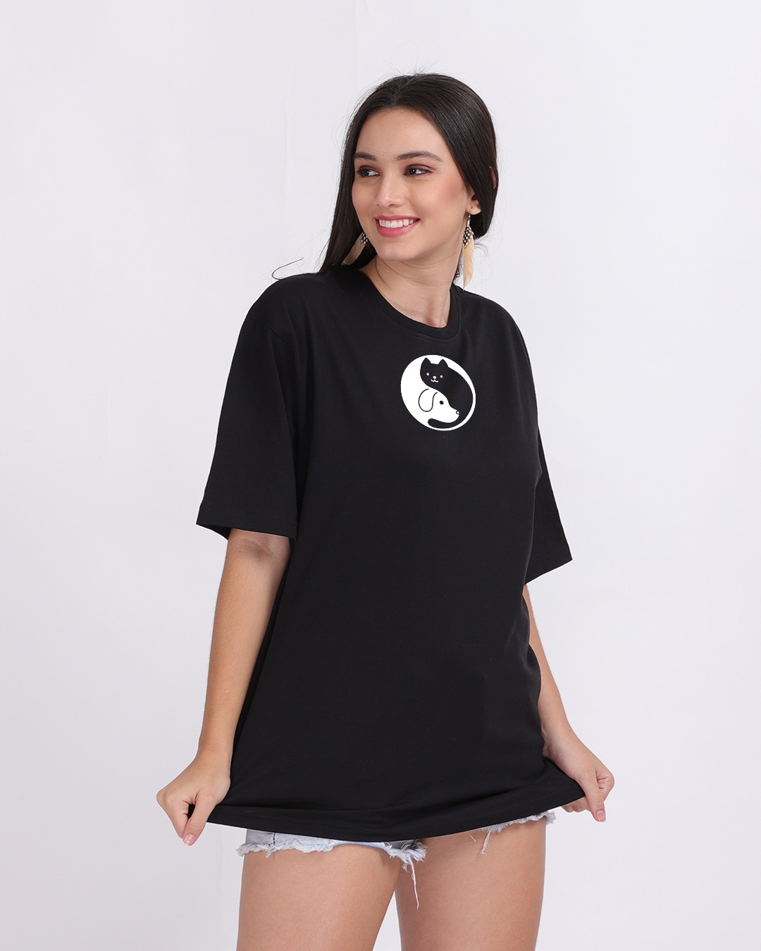 Shop Women's Black Cat Dog Graphic Printed Oversized T-shirt-Design
