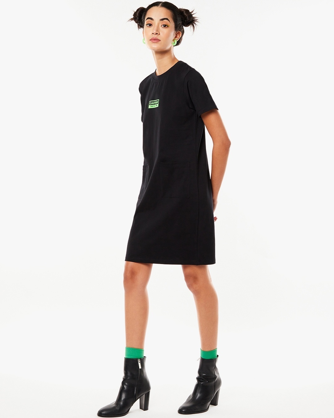 Shop Women's Black Caution Typography Oversized Fit Fashion Dress-Back