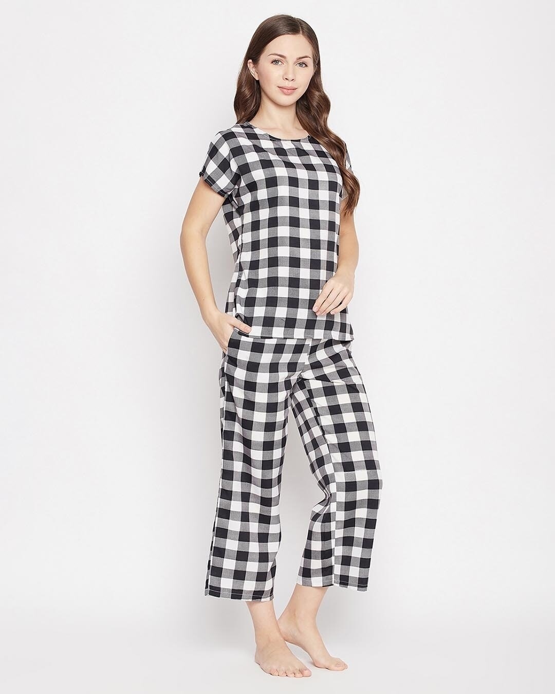 Shop Women's Black Checkered Top & Pyjama Set (Pack of 2)