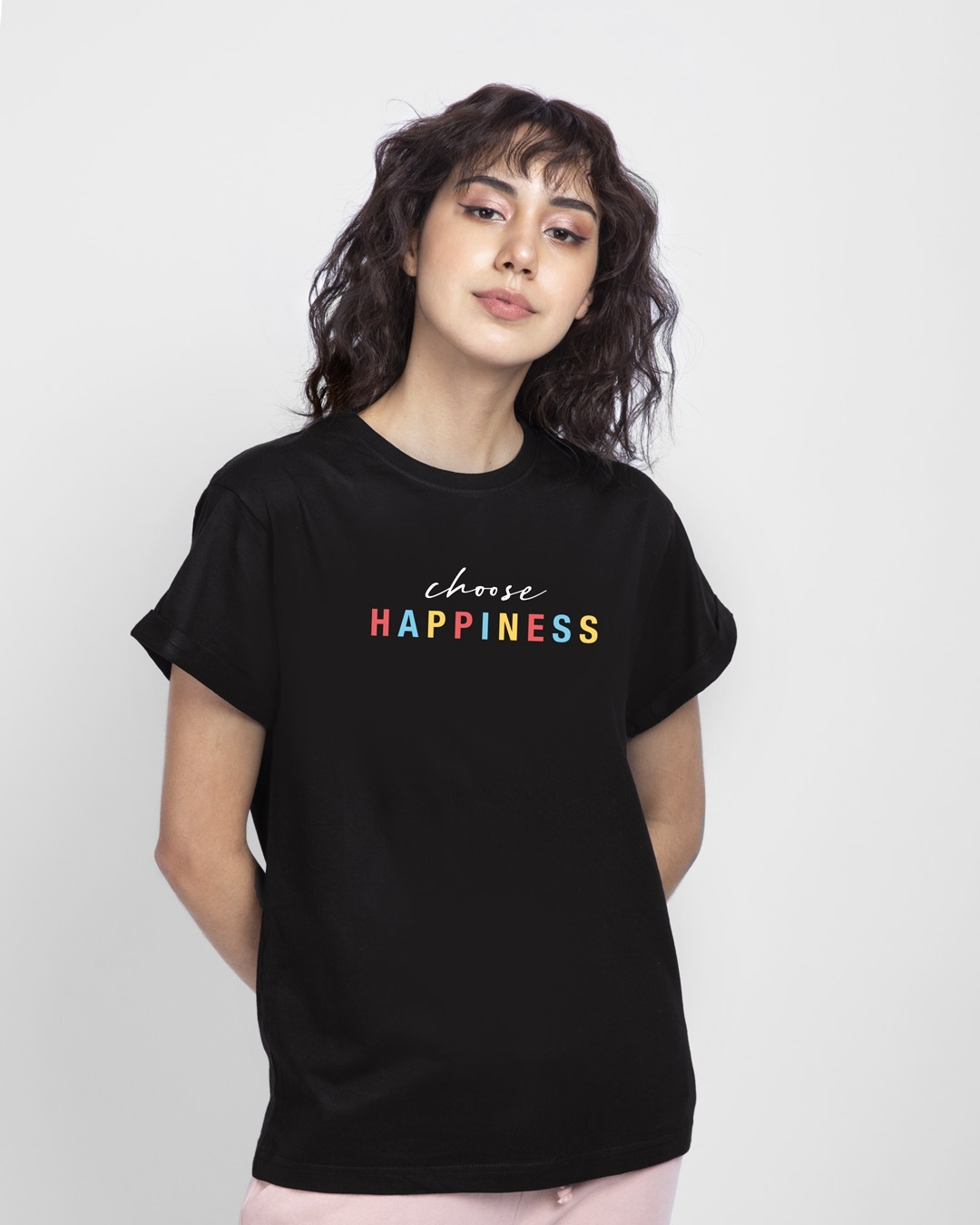 Shop Women's Black Choose Happiness Boyfriend T-shirt-Back