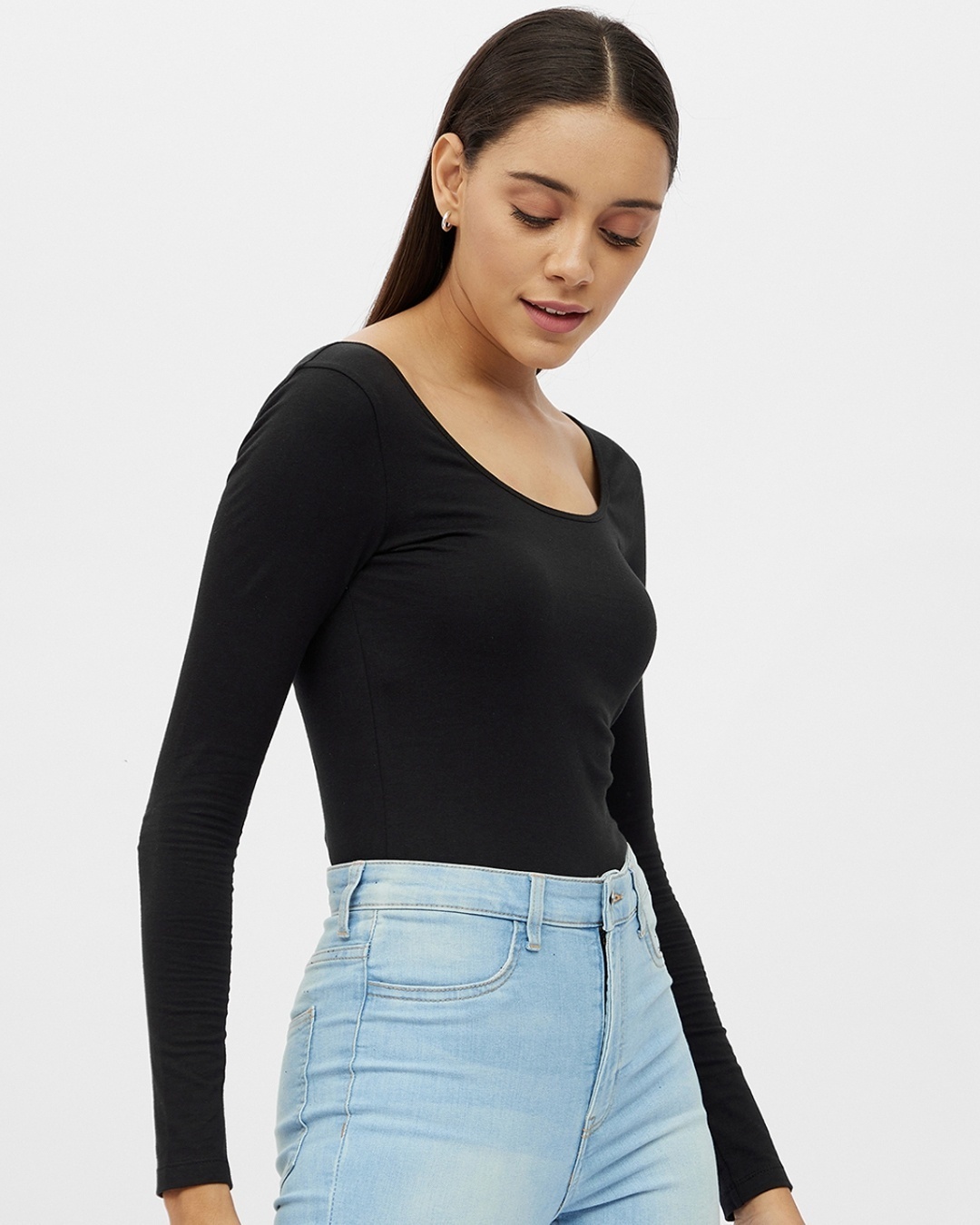 Shop Women's Black Cotton Scoop Neck Long Sleeve T-shirt-Full