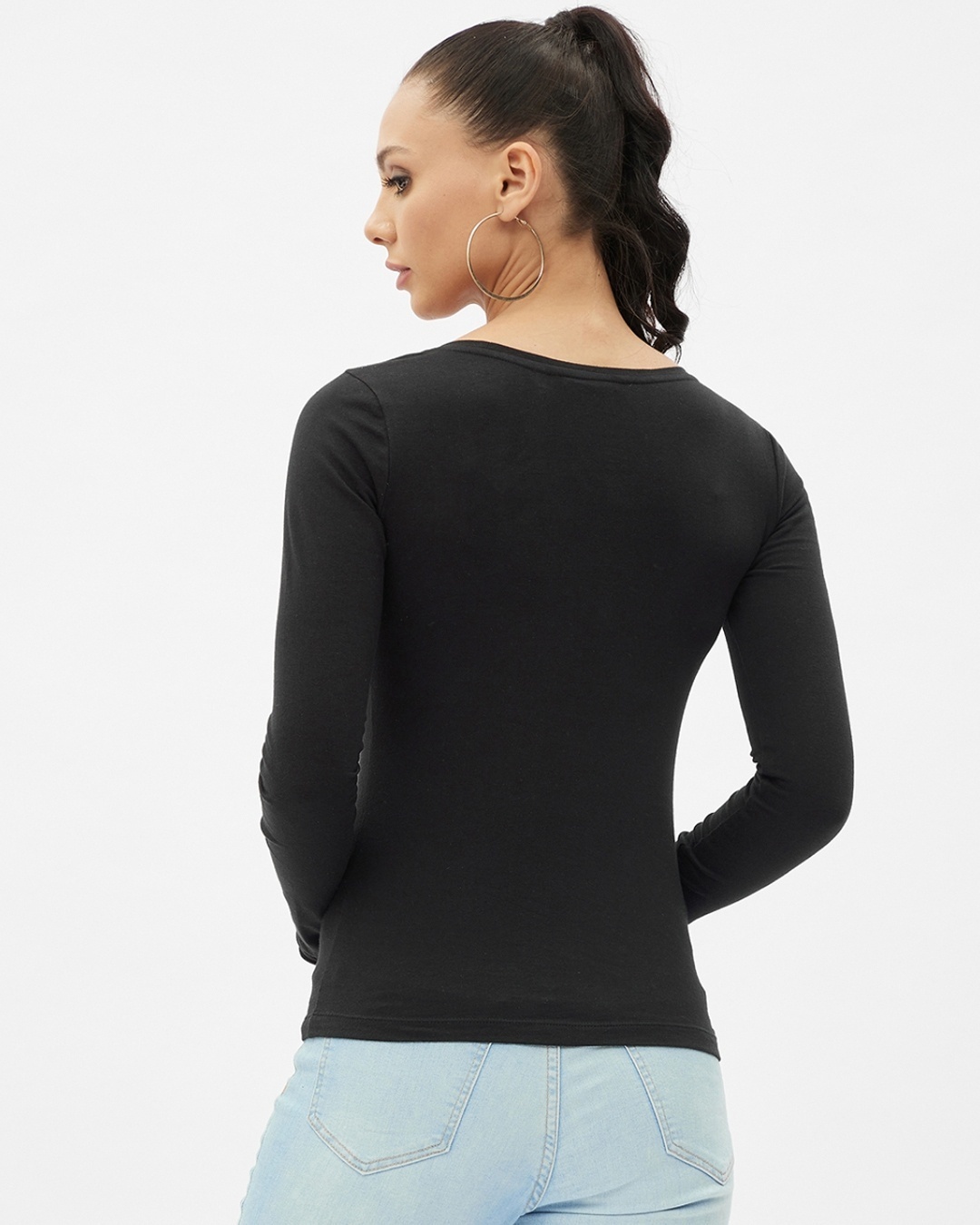 Shop Women's Black Cotton Scoop Neck Regular Long Sleeve T-shirt-Design