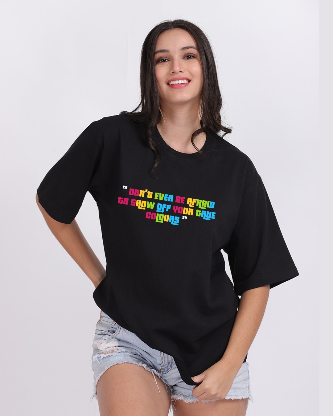 Shop Women's Black Don't be Afraid Typography Oversized T-shirt-Back