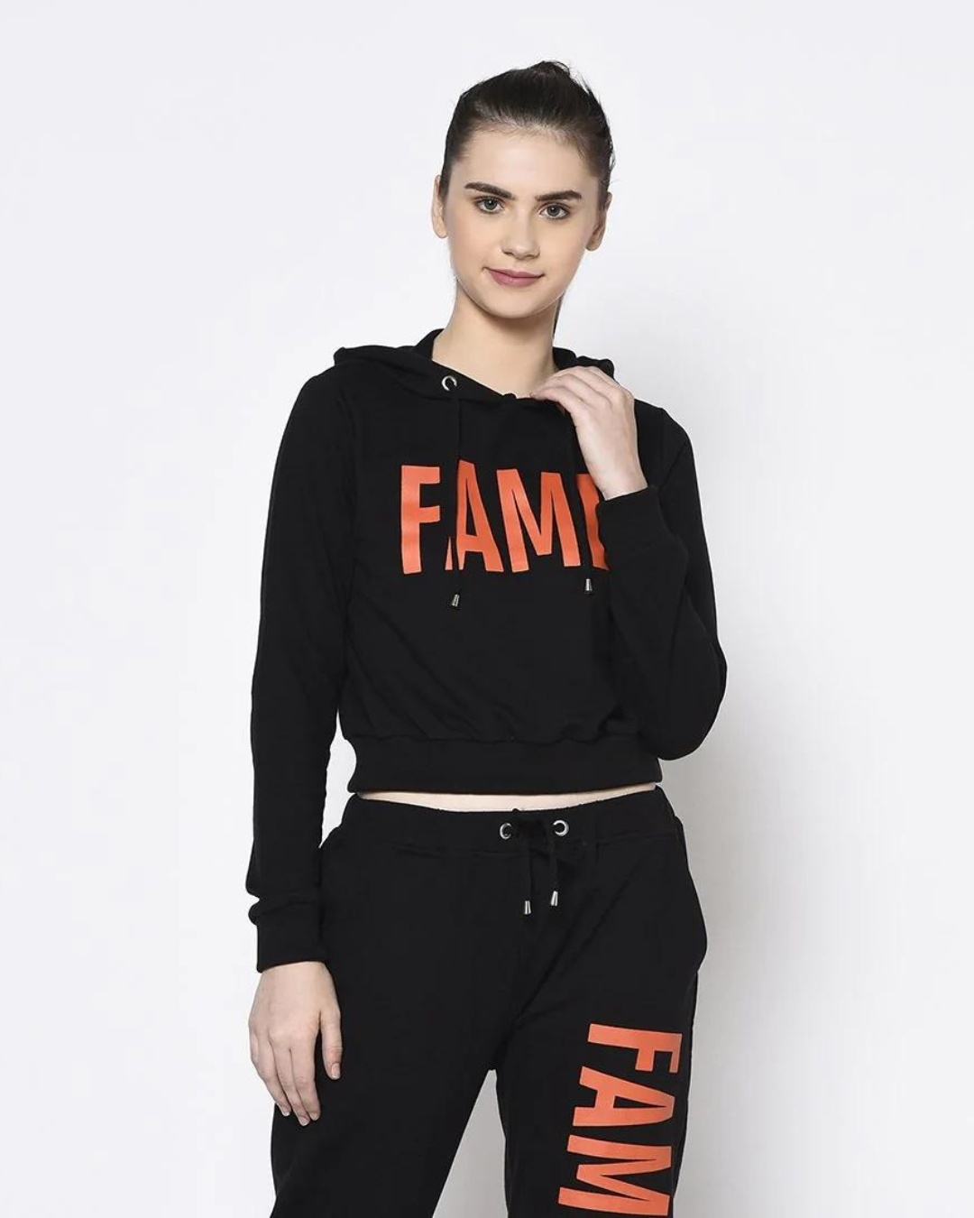Shop Women's Black Fame Typography Crop Hoodie-Front
