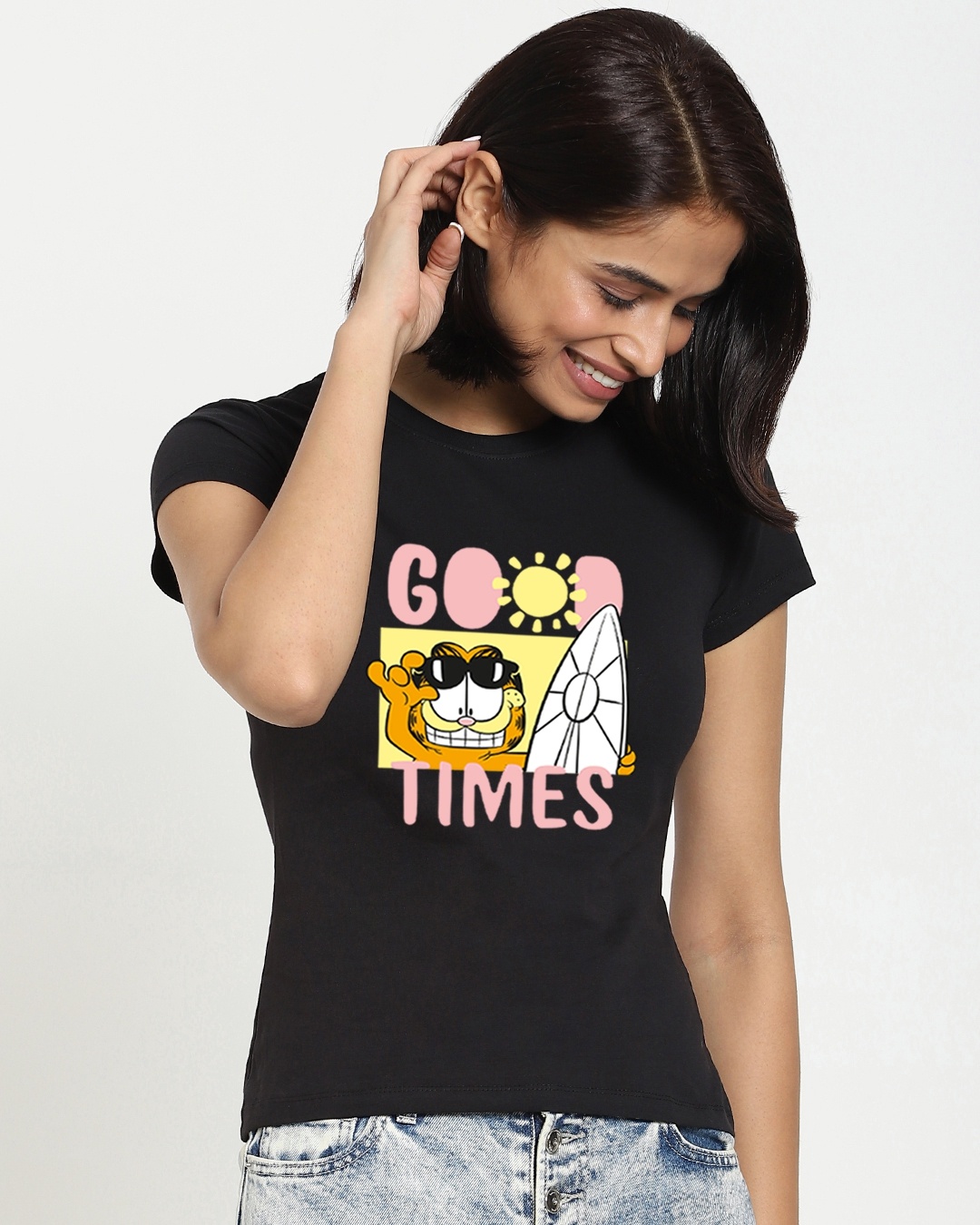 Shop Women's Black Good Times Garfield T-shirt-Front