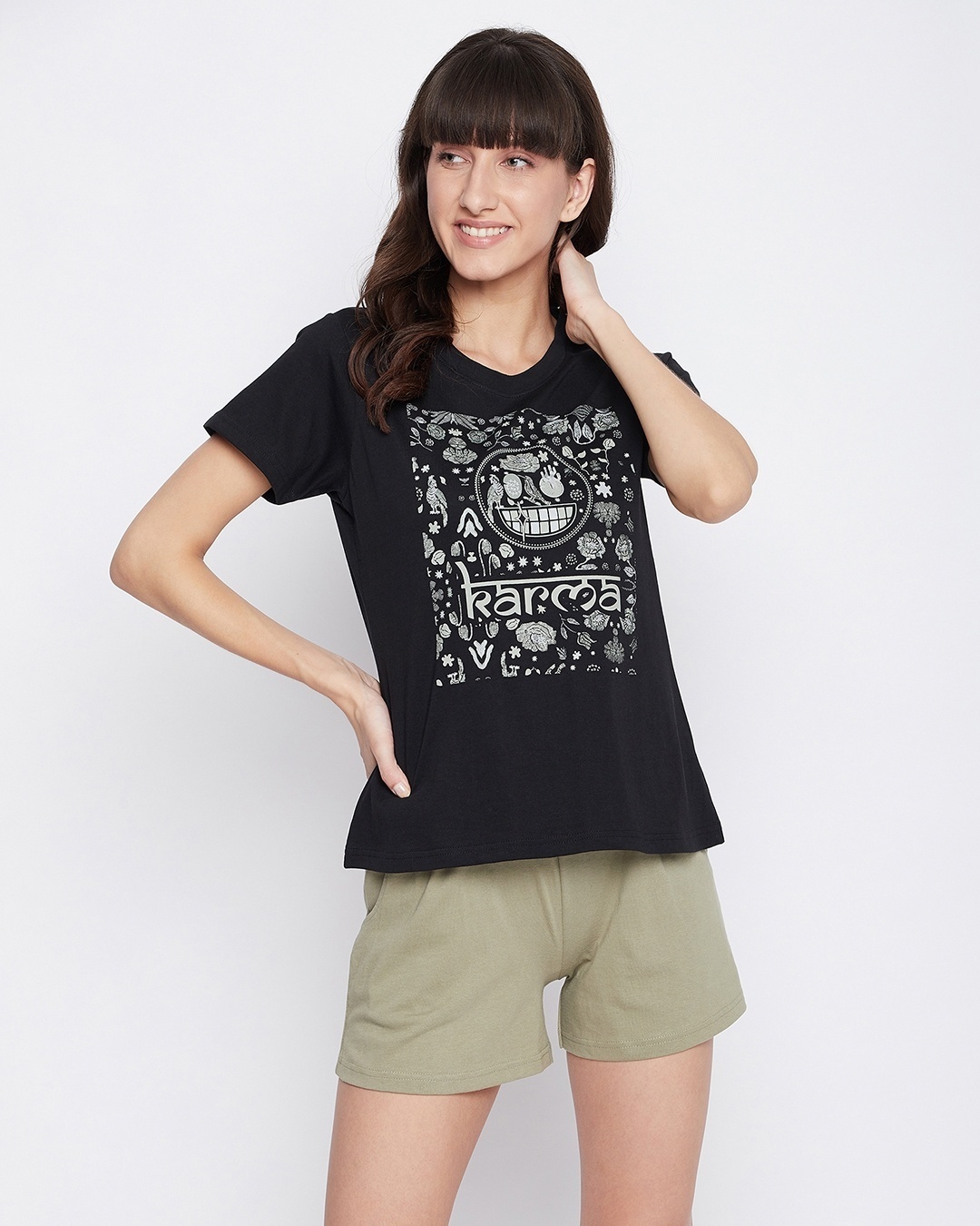 Shop Women's Black & Green Karma T-shirt & Shorts Set-Front