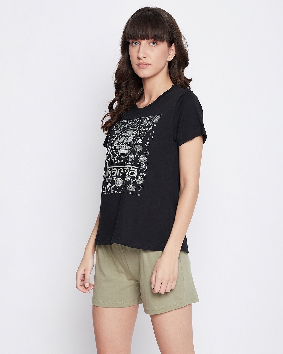 Shop Women's Black & Green Karma T-shirt & Shorts Set-Full