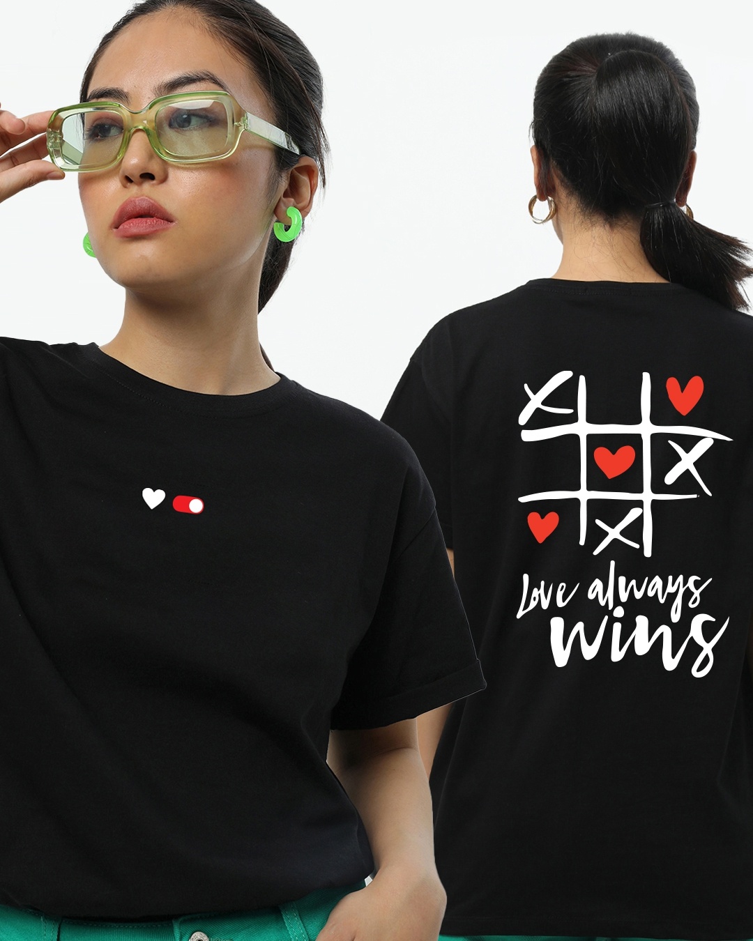 Shop Women's Black Love Always Wins Typography Boyfriend T-shirt-Front