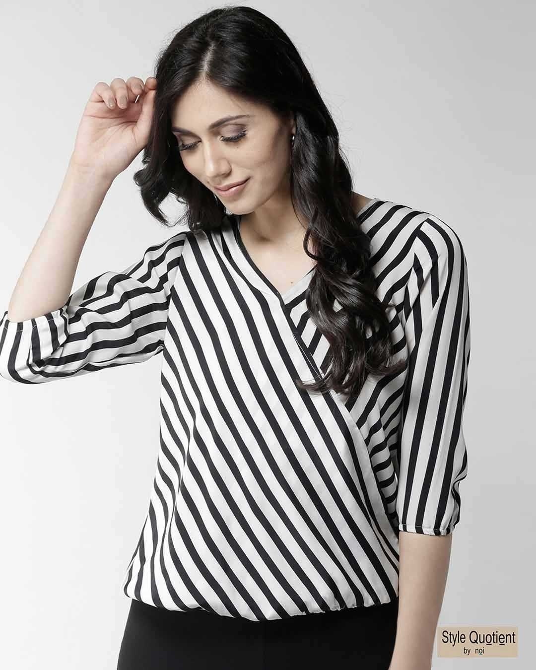 Shop Women's Black & Off White Striped Wrap Top-Front