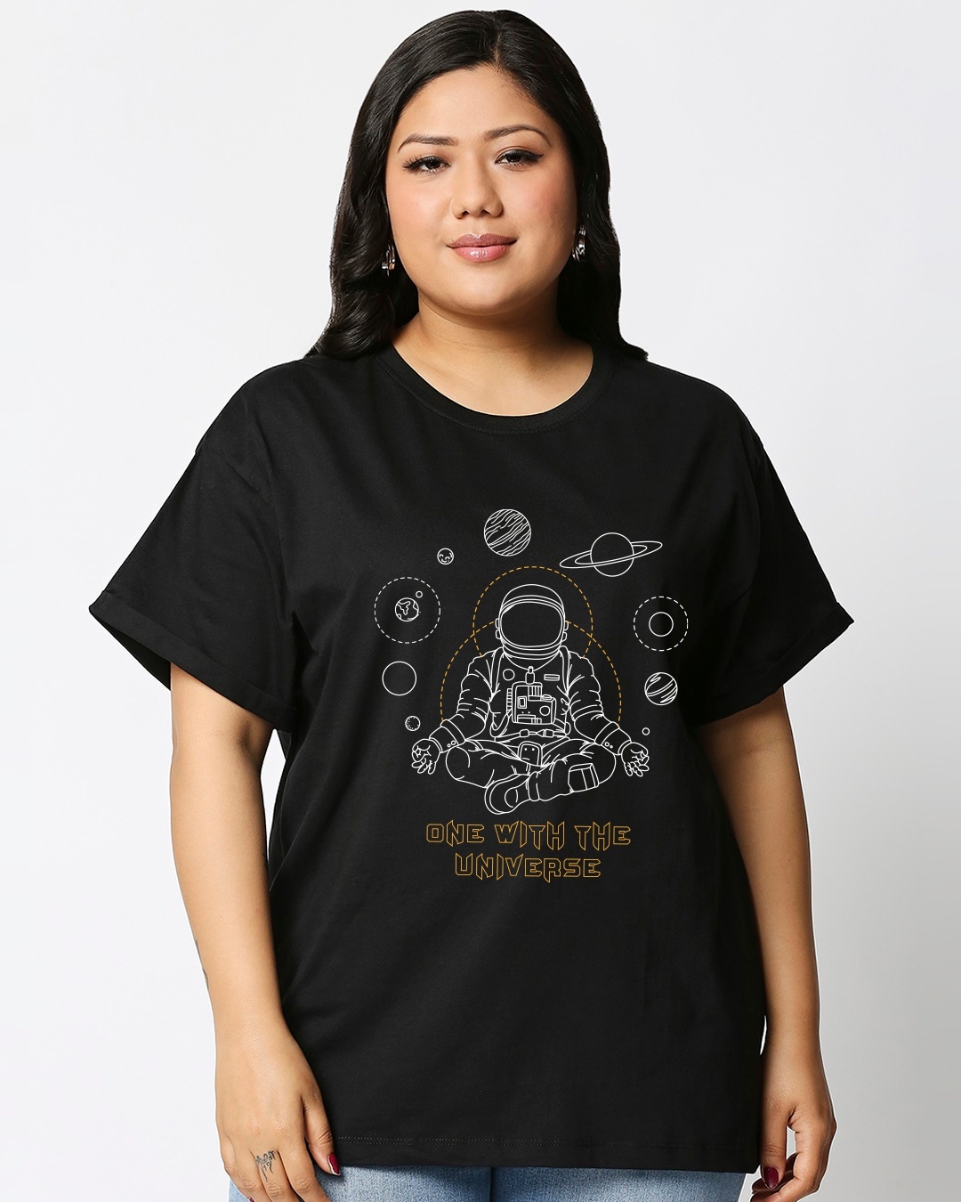 Shop Women's Black One with the Universe Graphic Printed Boyfriend T-shirt-Front