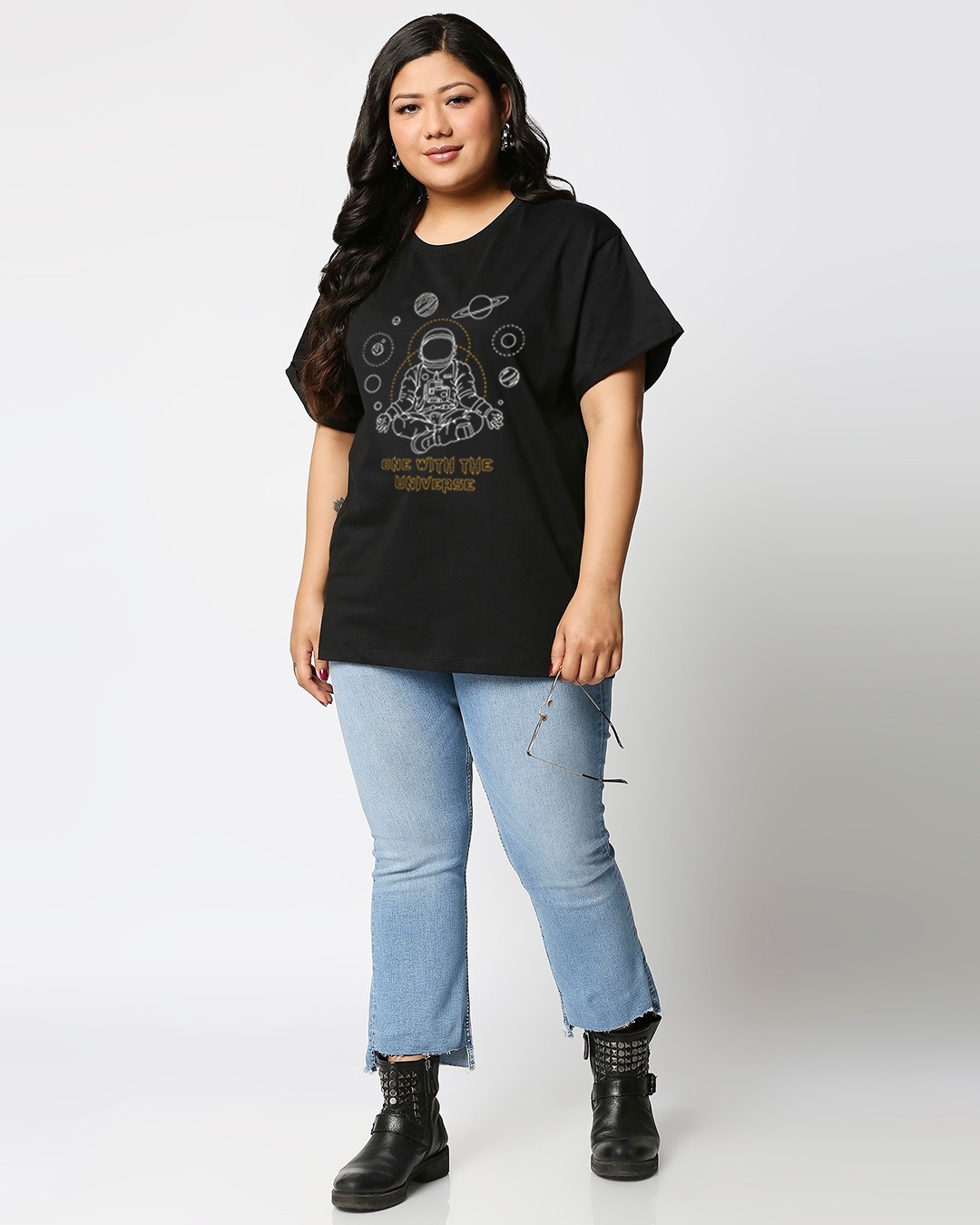Shop Women's Black One with the Universe Graphic Printed Boyfriend T-shirt-Design