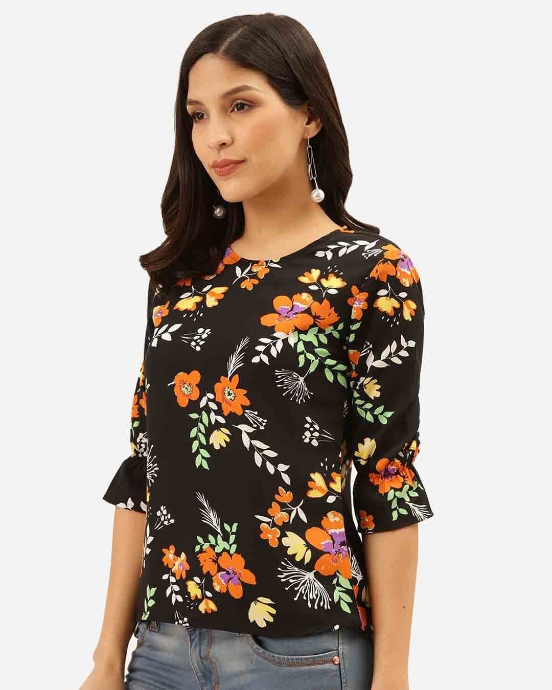 Shop Women's Black & Orange Floral Print Regular Top-Back